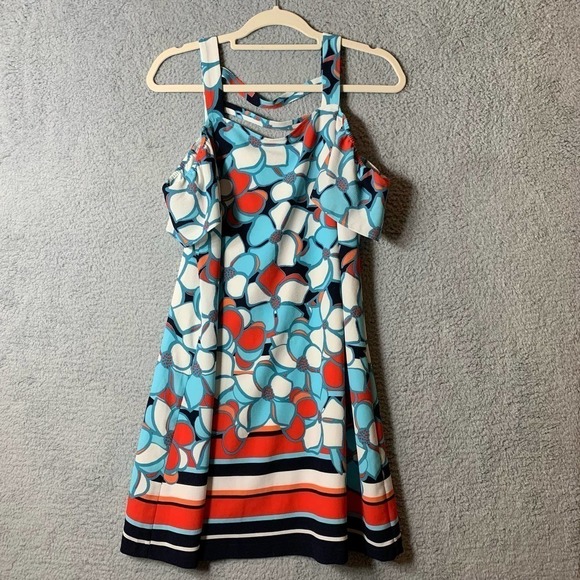 Kaari Blue Dress Womens S Small Floral Pattern‎ Blue Red White Cold Shoulder - Picture 1 of 9
